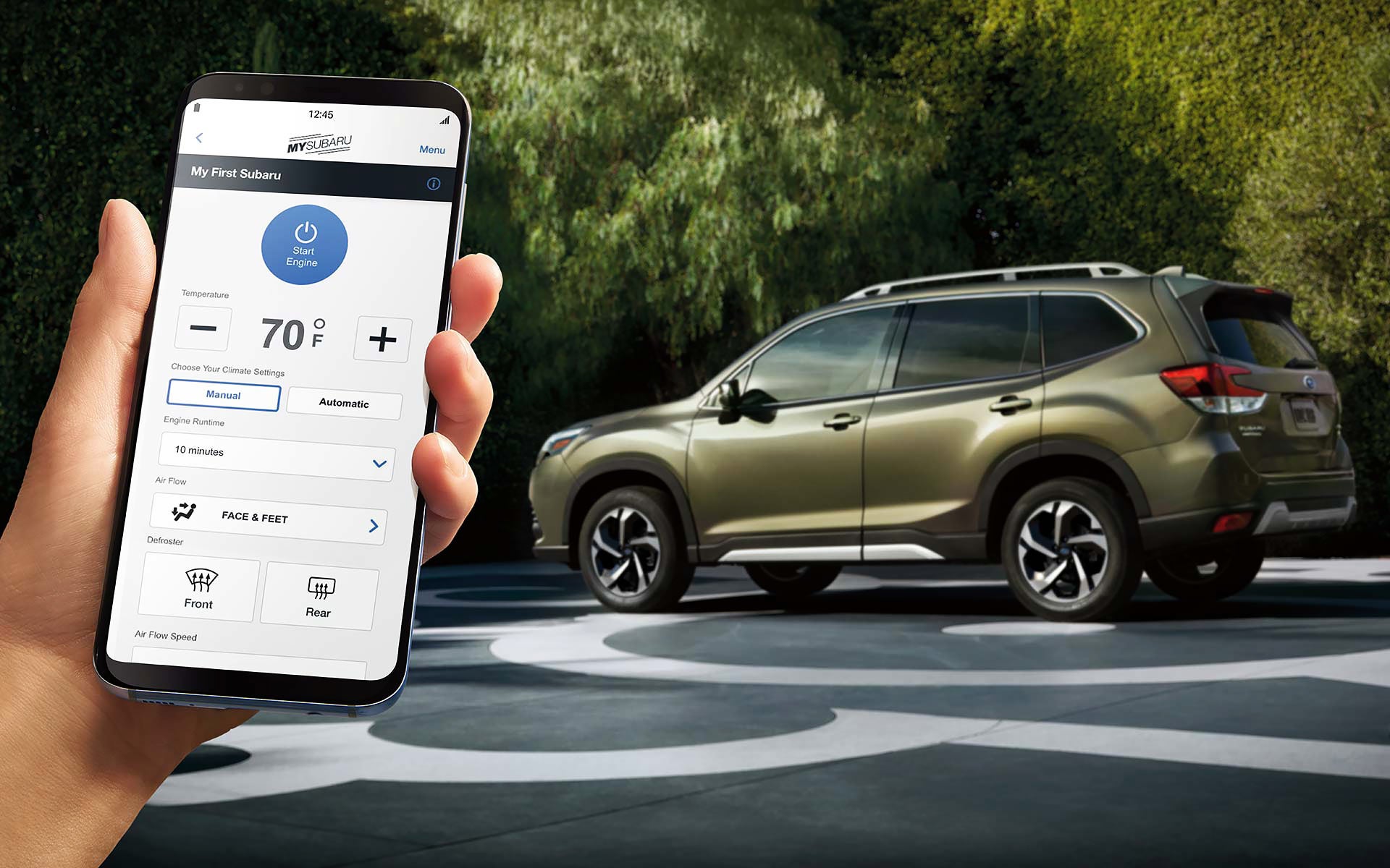 A close-up of a phone showing the Remote Engine Start with Climate Control feature of SUBARU STARLINK® Safety and Security available on the 2022 Forester. | Zappone Subaru Norwich in Norwich NY